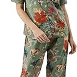 say Cotton Floral Printed 2 Piece Night Suit Top & Pajama Set for Women Green-picture-19