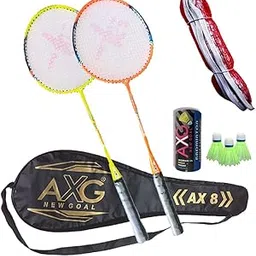 Fluorescent Aluminium AX-8 Set of 2 Racquets, 3 Plastic Shuttles & Net Badminton Kit-picture-17