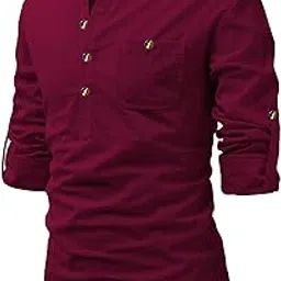 Men Pure Cotton Slim Fit Spread Collar Roll Up Full Sleeve Short Kurta with Super Soft | Stylish Design Comfortable Beige Color Kurta for Casual Outings-image-73