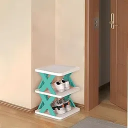 KIMANA Foldable Plastic Shoe Rack – 3 Layer Multipurpose Organizer for Entryway, Office, Wardrobe & Bedroom | Stackable Storage Shelf for Shoes, Books, Toys (Blue) image 1