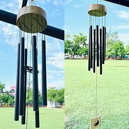 WS Black Wind Chime for Home 7 Aluminium Pipe Wood Based | Home Decor Items | Wind Chimes for Positive Energy | Black Wind Chime-picture-32