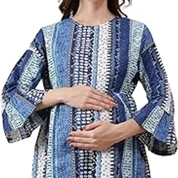 Women Maternity Blue Abstract Print Round Neck Long Bell Sleeve Cotton Top-image-23
