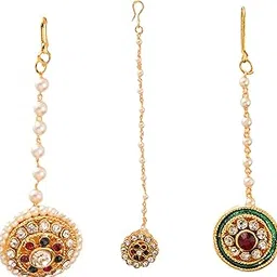 Traditional Stylish Rajasthani Gold Plated BOR Maang Tikka | Head Chain | Studded Multi-Color | Borla in Minakari and Kundan for Women and Girls Pack of 3-image-11