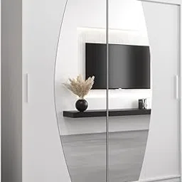 Engineered Wood Wardrobe With 2 Sliding Doors For Bedroom - Modern Wardrobe With Mirror, And Shelves -White Color(Wxhxd): 180X200X62 Cm, Suitable For Bedroom, Laundry Room, Closet, Garage,-image-1