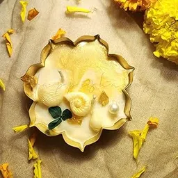 Happishades Decorative Lotus Urli Scented Candle, 8.9 cm, White and Gold with Sea Shells & Pearl Accents (Golden Beach) | Diwali, Navratri Gifting | Pure Soy Wax-picture-21