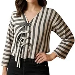 Women's Striped V-Neck Cardigan with Toggle Closure, Grey and White, 3/4 Sleeve-picture-35