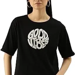 maniac Womens Womens Printed Round Neck Half Sleeve Black Cotton Slim Fit Crop T-Shirt-picture-22