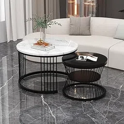Fun Shelf Modern Round Coffee Table, Nestings Table Set of 2, Sofa Side Table with Marble Veneer Top and Center Tables Metal Frame, End Table for Living Room Bedroom Home or Office (Multicolor)-picture-35