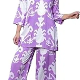 Women's Lavender and White Floral Print Cotton Loungewear Set, 3/4 Sleeve Top with Palazzo Pants-picture-30