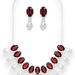 accessher Women's & Girls Silver Plated Maroon Dazzling American Diamond Studded Choker Necklace Set with Drop Earrings | Elegant Jewellery Set for Weddings-picture-13