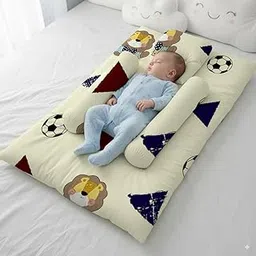 StarAndDaisy Newborn Baby Bedding Set – 100% Cotton Cushioned Mattress Sheet with 2 Side Bolster Pillows & 1 Head Pillow, Soft & Breathable, Unisex Design -Teddy Print image 1