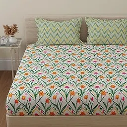 Huesland by Ahmedabad Cotton 144 TC Double Bed Bedsheet Cotton with 2 Pillow Covers | Botanical Chevron | Green, Yellow & White-picture-30