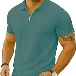 leotude Men's Polo Collor Zipper Neck Regular Fit Cottonblend Half Sleeve Solid Tshirts (Colour: Grey)-picture-10