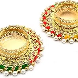 Decorative Traditional Diya Tea Light Holder with Pearl Border, Gold Plated Metal, Multicolor Enamel Work, Set of 2-picture-17
