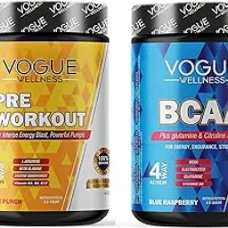 Vogue Wellness BCAA Powder | Pre, Intra & Post Workout Supplement for Strength, Stamina, Energy & Muscle Recovery | Fruit Punch & Blue Raspberry Flavour, 400 g (30 Servings, Pack of 2)-picture-31