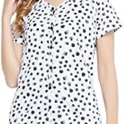 clovia Women's Cotton Dot Print Button Down Top & Shorts Set in White-picture-30