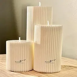 Sapi'S Designer Ribbed Scented Pillar Candles for Home Décor | Scented Candles Gift Set of 3 | Home Décor, Birthday, New Year, Valentine's Day, Christmas | 4.5x2, 3.5X & 2.5x2 Inches (White)-image-93