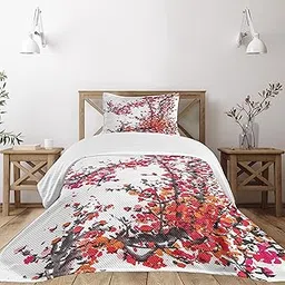 Lunarable Japanese Bedspread, Japanese Cherry Blossoms in Watercolor Brush Style Eastern Vibrant Oriental Art, Decorative Quilted 2 Piece Coverlet Set with Pillow Sham, Twin Size, Orange Red-picture-36