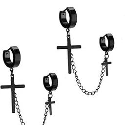 loom tree 2pcs Stainless Steel Double Cross Dangle Chain Men's Hoop Earrings Black | Fashion Jewelry | Earrings-picture-10