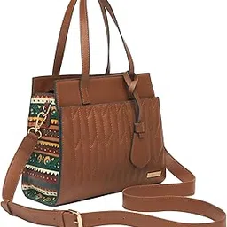 chumbak Mara Handbag for Women, Tan Floral Print, Digital Nomad Collection, PU Leather Shoulder Bag with Zipper, Stylish and Lightweight Handbag for Travel and Daily Use image 1