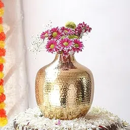 BEHOMA Metal Hammered Bud Round Shape Vase for Home Decor Decoratives for Indoor Outdoor Living Room Balcony | Best Gift for Birthday Anniversary Festival | Golden 1 Large Pcs-picture-34