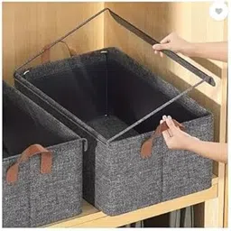 JaiVi Ventures 26L Foldable Clothes Organizer For Wardrobe, Blanket Storage Box, Cloth and Dress Organiser Metal Frame Basket Bag with Lid,Carry Handles for Bedding (Grey) (1) image 1