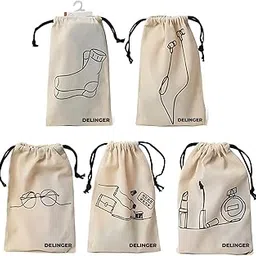 DELINGER Reusable & Washable Pure Cotton Fabric Travel Pouches with Drawstring Closure | Handcrafted Doodle Collection | Ideal for Earphones, Makeup, Sunglasses, Socks and Toiletries | Pack of (5)-picture-13