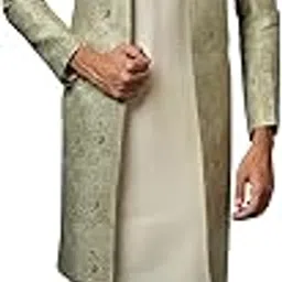 kisah Men's Beige and Silver Indo-Western Kurta Sherwani Churidar Set Cotton Full Sleaves, Knee Length, Straight, Regular Fit, Mandarin Collar Ethnic Wear-picture-35