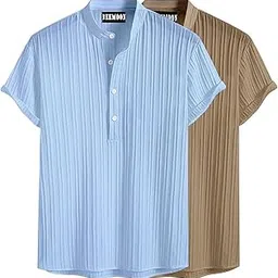 deemoon Combo of Men's Polyster Kurta with Mandarin Collar, Half Placket Buttons, Front Pocket | Half Sleeves | Soft & Breathable Fabric | Pack of 2-picture-34