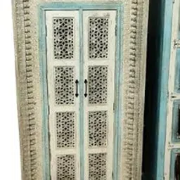 Goldview Furniture Solid Wood Hand Carved Wardrobe | 2 Door Wooden Almirah with Storage for Bedroom & Hotel | Sky Blue & White Finish | 100 x 40 x 180 cm-image-38