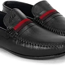 stargo Men's Leather Driving Loafers, Black with Red Stripe, Moccasin Style-picture-42