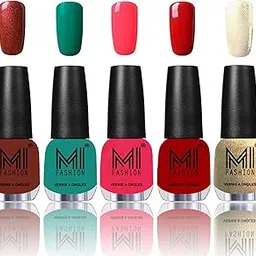 MI Fashion® Ultra Glam Pigmented Nail Polish Combo - Reddish Bronze, Sea Green, Carrot Red, Rouge Red and Creamy Golden - 12ml each-image-97