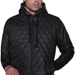 Men Jacket | Hooded Neck, Long Ribbed Cuff Sleeves | Zipper, Ribbed-Straight Hem | Solid Quilted | Woven Fabric For Casual| Obsidian Black-image-2