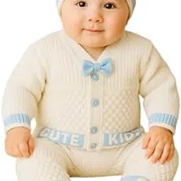 faeepy Baby Unisex New Born Baby Boys Girls Soft Comfortable Trendy Woolen Round Neck Stripe Sweater Set with Payjami, Cap and Pair of Booties for Toddlers-picture-12