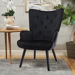 CHAIR DECOR Velvet Wingback Accent Chair for Living Room | Luxury High Back Tufted Armchair with Glossy Metal Legs | Modern Velvet Upholstered Lounge Chair for Home & Office | 1 Pc (Black)-image-38