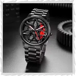 selloria 360° Spinning Rotating Car Wheels Gyro Men's Sport Watch| Black Coated Stainless Steel Chain Analog Luxury Watches for Boy's and Men-picture-36