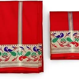 Traditional Peacock Silk Dhoti with Dupatta Decorative Bird Border, Handloom Woven-picture-48