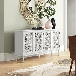 Solid Wood Sideboard with 4 Design Door & 2 Shelf for Living Room | Solid Wood Cabinet for Storage |Multipurpose Cabinet for Kitchen and Living Room Storage (White-Deco)-image-0