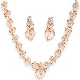 zeneme Rose Gold Toned American Diamond Jewellery Set for Women | Fancy Jewellery | Designer Drop Rose Gold-Plated Floral Earrings & Necklace for Women & Girls-picture-20