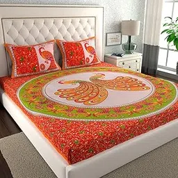 ABHACLOTHO 144 TC 100% Cotton Double Bed Size/Queen Size Bed Printed Flat Bedsheet with 2 Pillow Covers, (Pack of 1), Popularly Known as (90x100) Bed Sheet Double Bed Cotton-image-88