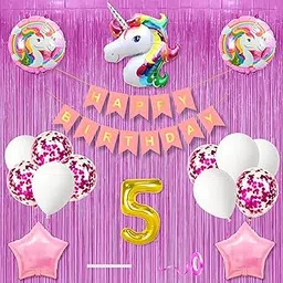 5th Unicorn Theme Happy Birthday Banner Decoration Kit Combo Light Pink for 5 year Old Baby Boys Girls Kids 5 Pc Unicorn Theme 10 Pc Confetti Metallic Balloons Foil Curtain Set Items 2 Pc Pink Star-picture-16
