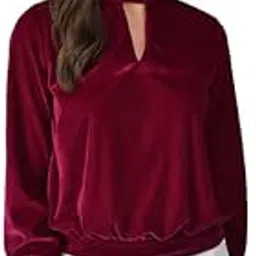 vaararo Velvet Top for Women | Keyhole Choker Neck Cuffed Sleeves Blouson Outfit-picture-38