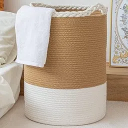 Woven Laundry Basket,Tall Wicker Laundry Basket for Blankets,Clothes,Pillows,Toys,Shoes Large Cotton Laundry Hamper for Bedroom Living Room (Medium 12 X 15 INCH 40L, BrownA)-image-56