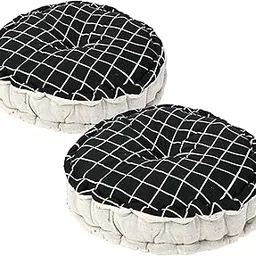 Kuber Industries 2 Pcs Cotton 16x16 Inch Sitting Chair Cushion Pads | Button Sitting Cushion & Back Rest for Chair | Cushion for Office, Dining Chair, Car, Indoor/Outdoor | Round Check - Black-picture-13
