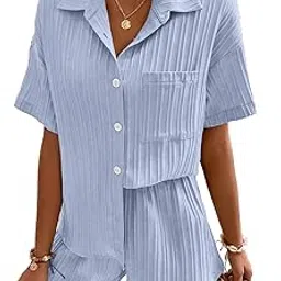 shasmi Women & Girls Black Solid Color Button Front Vacation Solid Texture Short Sleeve Loose Fit Drop Shoulder Pocket Shirt and Shorts Casual Two-Piece Set (Co Ods 143)-picture-35