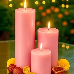 Homesake® Pillar Candles Set of 3, Width 2", High 2" 4" 6" Large Paraffin Soy Wax Pillars Candles Aesthetic Modern Home Decor for Bathroom Living Room Diwali Gifts, (Pink)-image-0