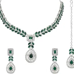 i jewels Silver Plated Stylish Design Crystal Diamond Necklace With Earrings & Maang Tikka Jewellery Set for Women (IJ402ZG)-picture-15
