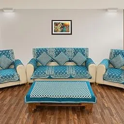 Dazzling DECOR Velvet Sofa Cover 5 Seater with 5 Cushion and 1 Piece Table Cover Sofa Slipcovers for Living Room - Aqua-picture-13