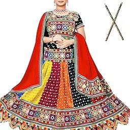Ghaghra Choli With Dandiya Stick for Garba, Ethnic Gujarati Style Cotton Rayon Long Skirt Lehenga With Free Dandiya-image-4