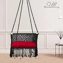 Swing/Swing for Balcony/Swing Chair for Adults for Home/Premium C Shape Swing with Macrame Floral Design/Hanging Jhula for Adults/Swinging Chair/Jhoola/Red Cushion & Hanging Kit Included-Black-picture-24